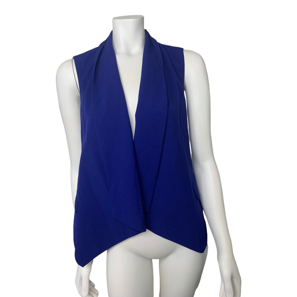 open front sleeveless vest fold over drape collar royal blue small